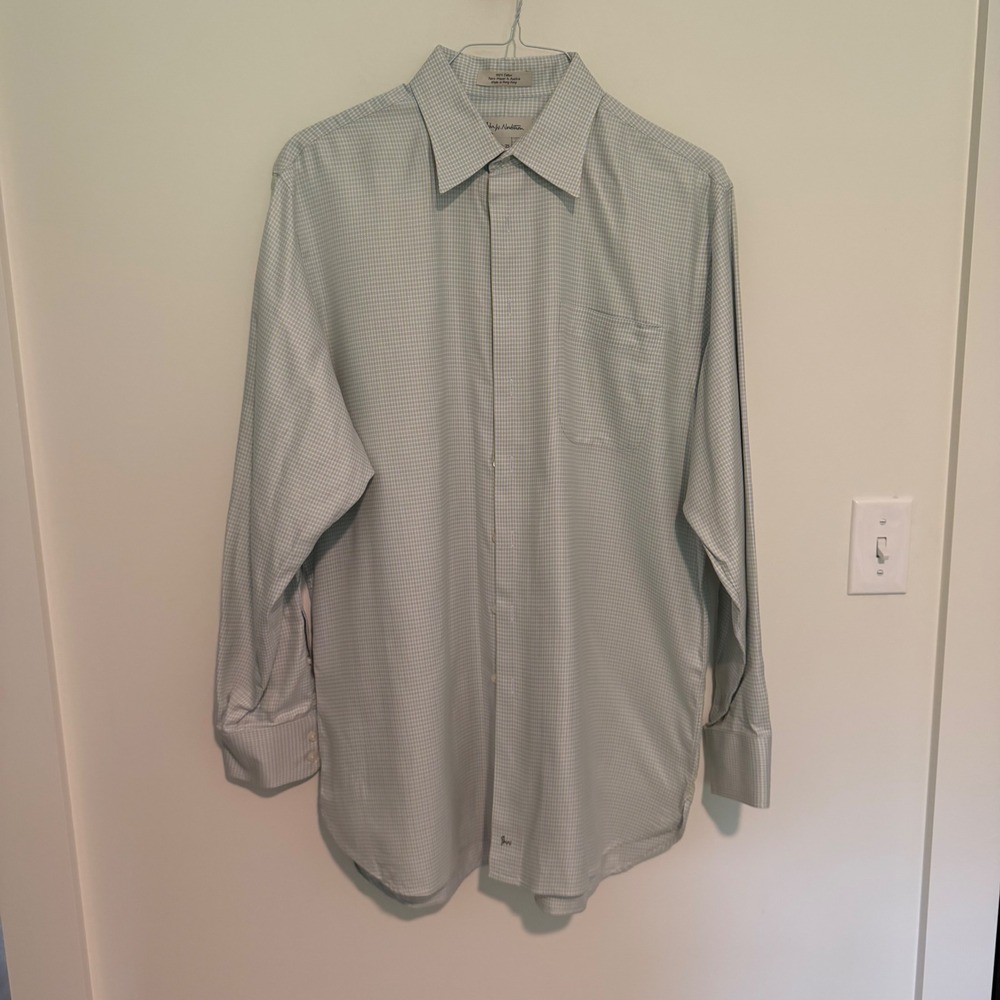 John W Nordstrom Mens 16.5 35 Green Blue Houndstooth Cotton Dress Shirt